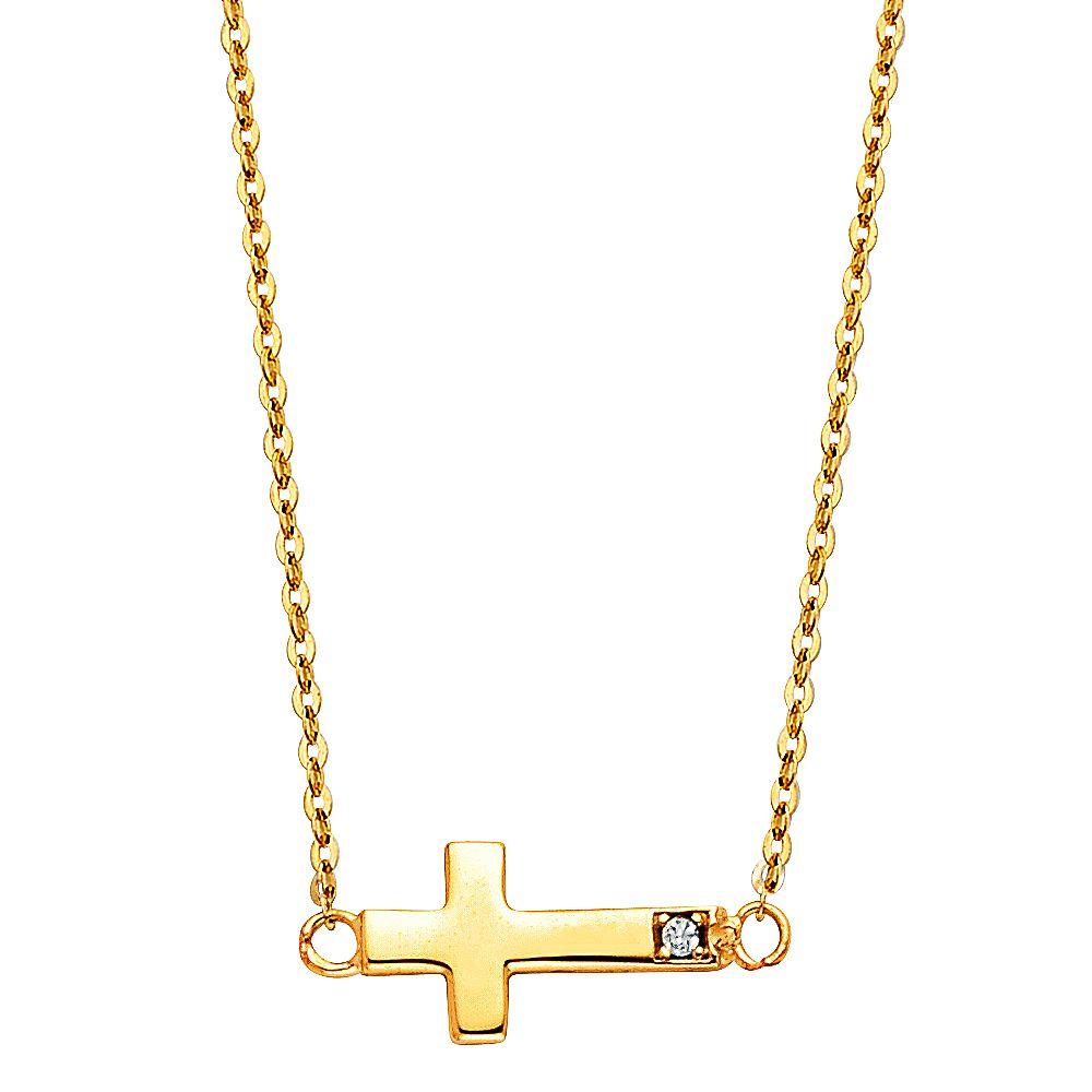 14K Yellow CZ Side Way Cross Necklace