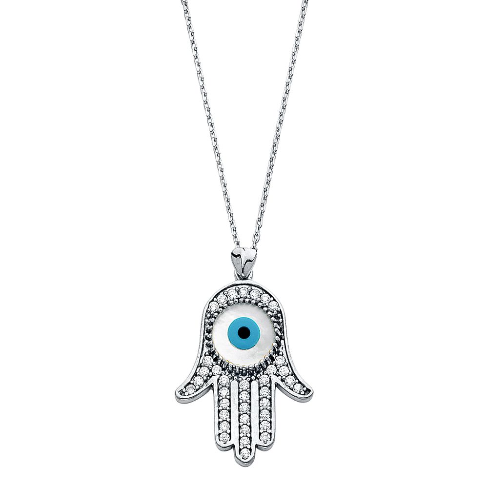 14K White CZ Evil Eye Necklace