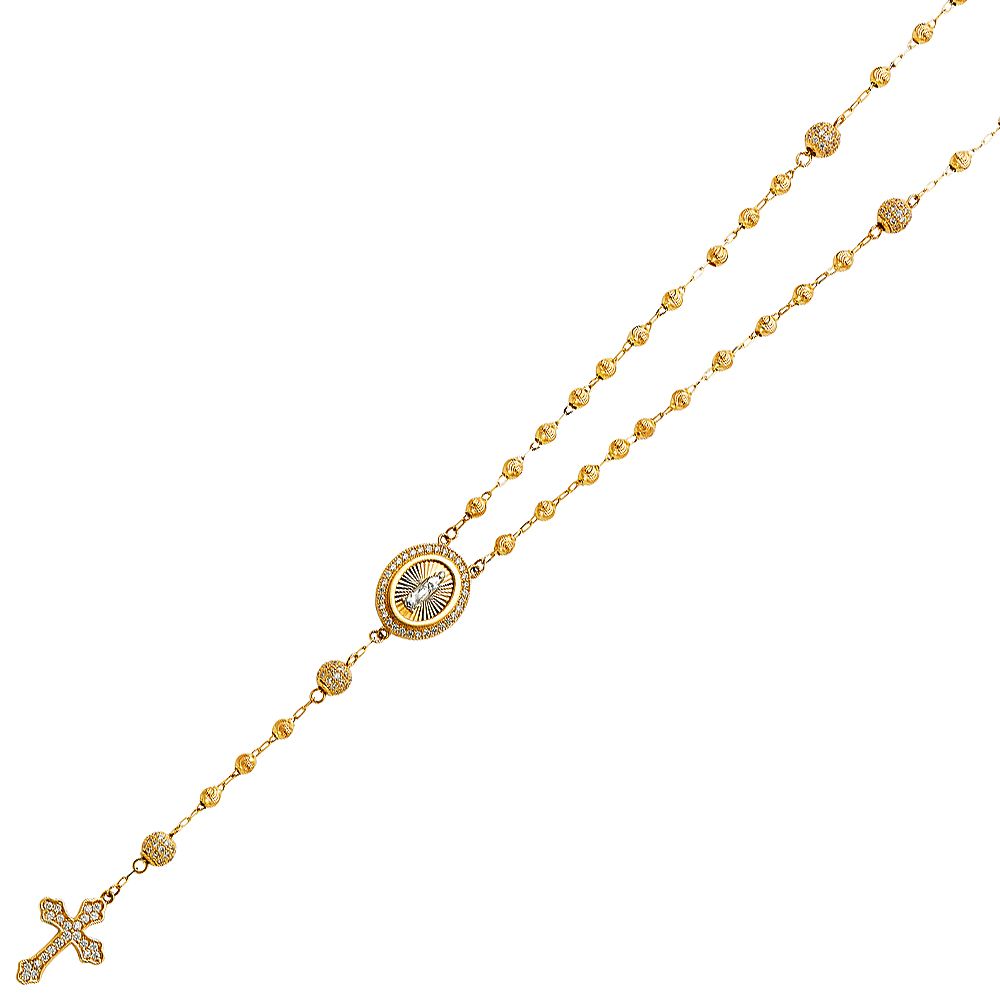 14K Yellow 3mm Beads CZ Ball Rosary Necklace