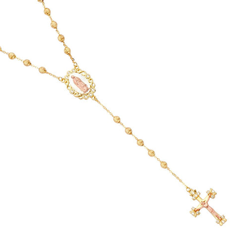 14K TwoTone 3mm Moon-Cut Ball CZ Rosary Necklace