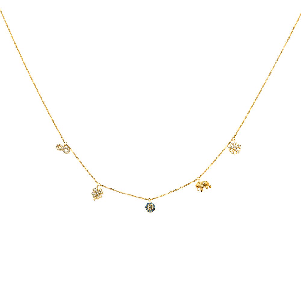 14K Yellow CZ Dangling Light Spring Ring Chain Necklace