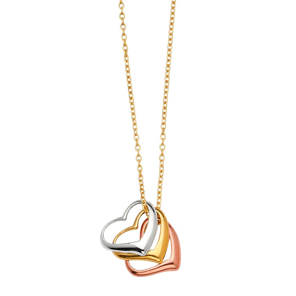14K Tricolor 3 Heart Light Spring Ring Chain Necklace