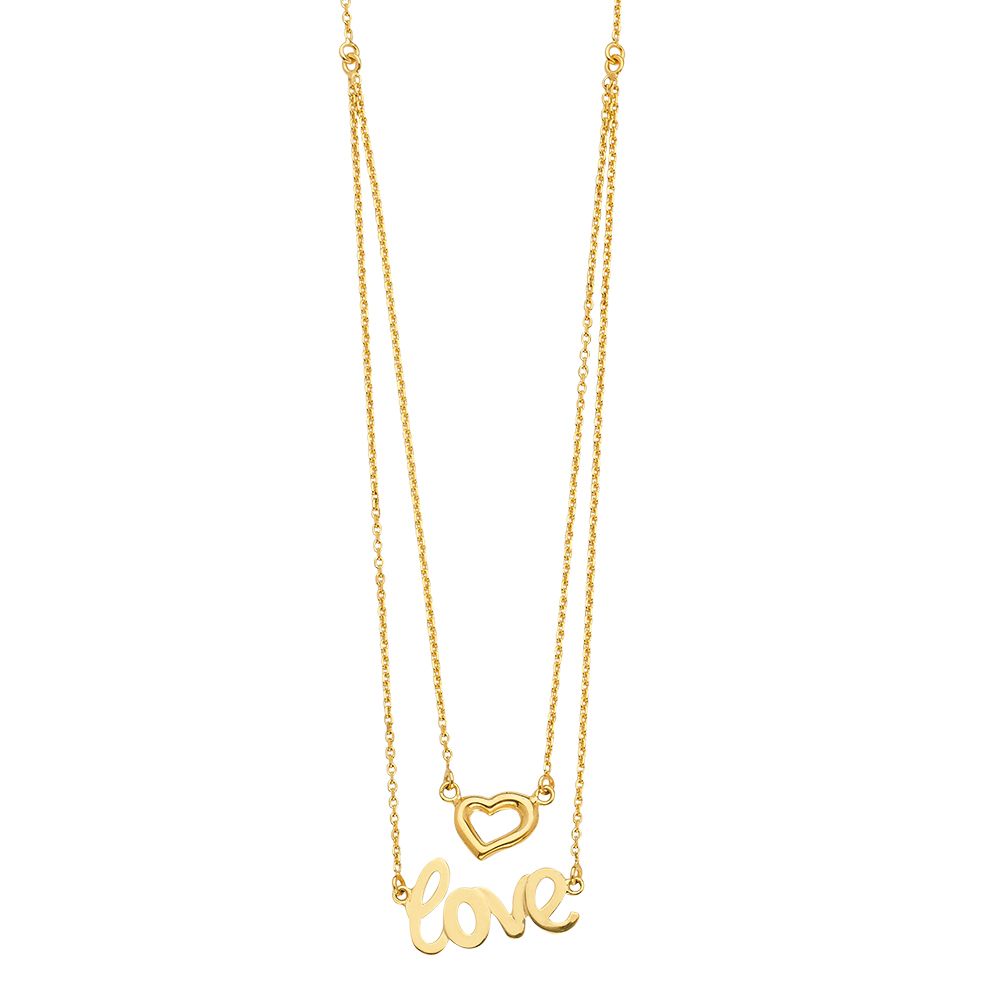 14K Yellow Two Lines Chain With Heart and Love Necklace