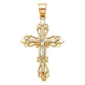 14K Gold Two Tone 20mm Crucifix Religious Pendant - silverdepot