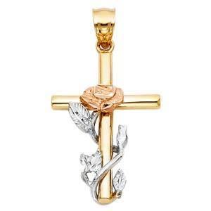 14K Gold Tri Color 22mm Cross Religious Pendant - silverdepot