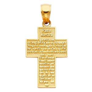14K Yellow Gold 15mm Padre Nuestro Religious Cross Pendant