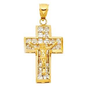 14k Yellow Gold 20mm CZ Cross Religious Crucifix Pendant