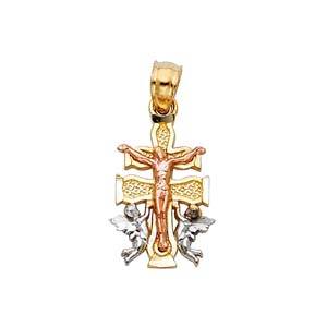 14k Tri Color Gold 10mm 3C Jesus Crucifix Cross With Angel Religious Pendant