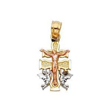 Load image into Gallery viewer, 14k Tri Color Gold 10mm 3C Jesus Crucifix Cross With Angel Religious Pendant