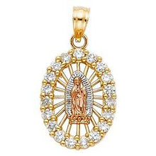 Load image into Gallery viewer, 14k Tri Color Gold 13mm CZ Religious Guadalupe Pendant
