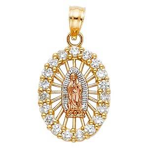 14k Tri Color Gold 13mm CZ Religious Guadalupe Pendant