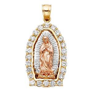 14k Tri Color Gold 17mm CZ Religious Guadalupe Pendant