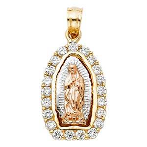 14k Tri Color Gold 12mm CZ Religious Guadalupe Pendant