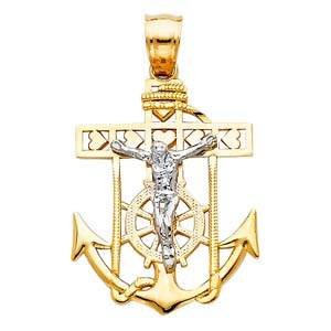 14k Two Tone Gold 18mm Jesus Crucifix Anchor Religious Pendant