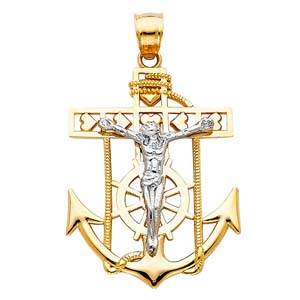 14k Two Tone Gold 22mm Jesus Crucifix Anchor Religious Pendant