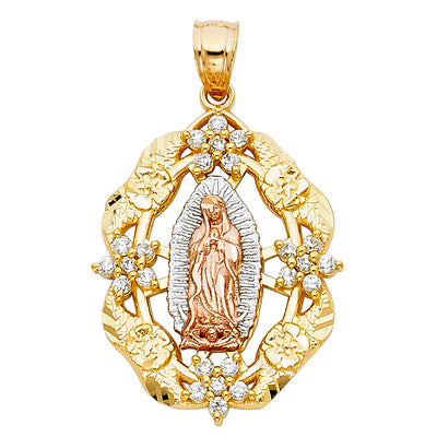 14K Tricolor CZ OUR LADY OF GUADALUPE PENDANT