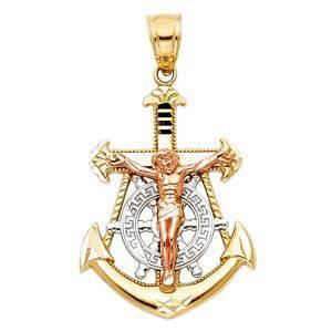 14K Tri Color 18mm Jesus Crucifix Anchor Religious Pendant - silverdepot