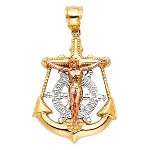 14K Tri Color 22mm Jesus Crucifix Anchor Religious Pendant