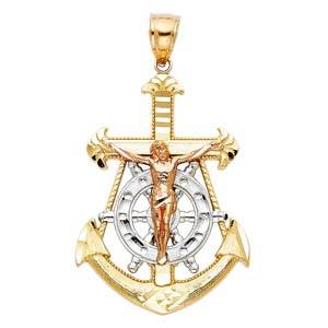 14K Tri Color 25mm Jesus Crucifix Anchor Religious Pendant