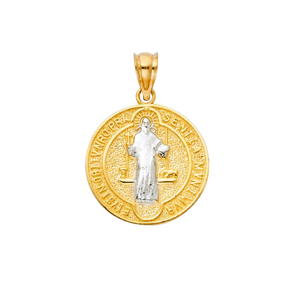 14k Two Tone Gold Double Sided Round Religious Pendant