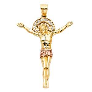 14K Two Tone 33mm CZ Religious Jesus Christ Body Pendant