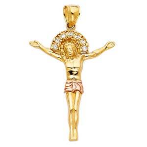 14K Two Tone 24mm CZ Religious Jesus Christ Body Pendant