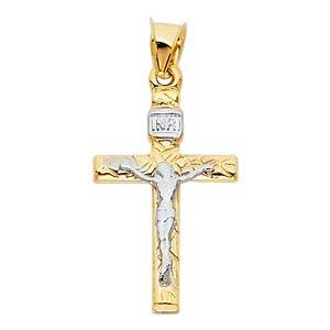 14K Two Tone 15mm Jesus Religious Crucifix Cross Pendant