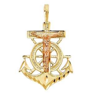 14K Two Tone 18mm Religious Crucifix Anchor Pendant