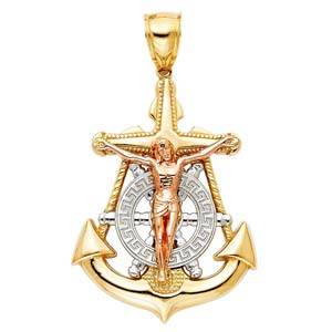 14K Tri Color 32mm Religious Crucifix Anchor Pendant
