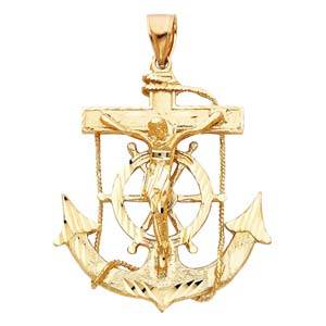 14k Yellow Gold 50mm Mariner Religious Crucifix Anchor Pendant