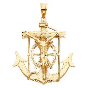 14k Yellow Gold 63mm Mariner Religious Crucifix Anchor Pendant