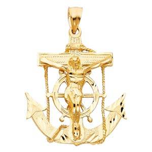 14k Yellow Gold 37mm Mariner Religious Crucifix Anchor Pendant
