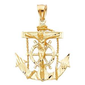 14k Yellow Gold 32mm Mariner Religious Crucifix Anchor Pendant