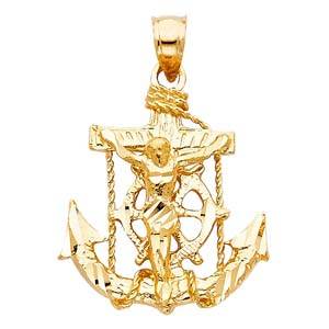 14k Yellow Gold 22mm Mariner Religious Crucifix Anchor Pendant