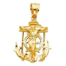 Load image into Gallery viewer, 14k Yellow Gold 16mm Mariner Religious Crucifix Anchor Pendant