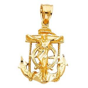 14k Yellow Gold 16mm Mariner Religious Crucifix Anchor Pendant