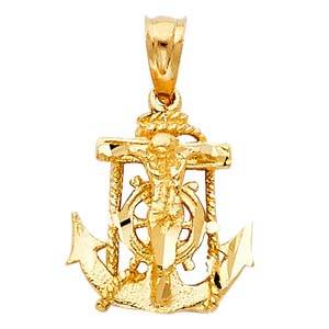 14k Yellow Gold 14mm Mariner Religious Crucifix Anchor Pendant