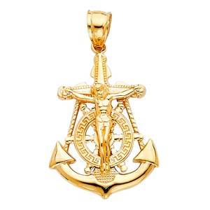 14k Yellow Gold 19mm Mariner Religious Crucifix Anchor Pendant