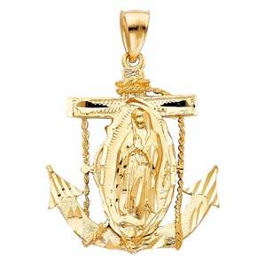 14k Yellow Gold 32mm Religious Guadalupe Anchor Pendant