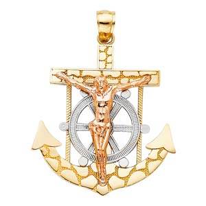 14k Two Tone Gold 30mm Mariner Religious Crucifix Anchor Pendant