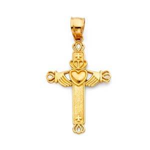 14K Yellow Gold 20mm Claddagh Cross Religious Pendant