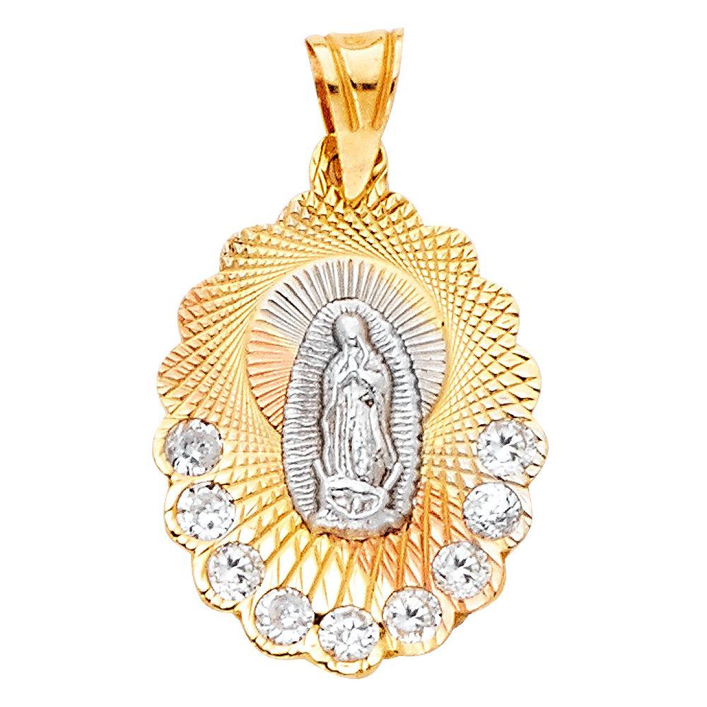 14K Tri Color 14mm Religious Guadalupe CZ Pendant - silverdepot