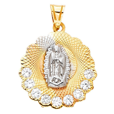 14K Tri Color 17mm Religious Guadalupe CZ Pendant - silverdepot