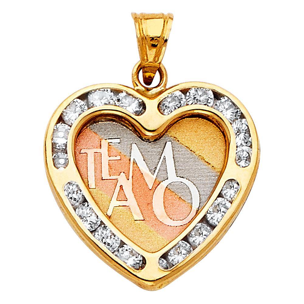 14K Tri Color 18mm CZ Teamo Heart Pendant - silverdepot