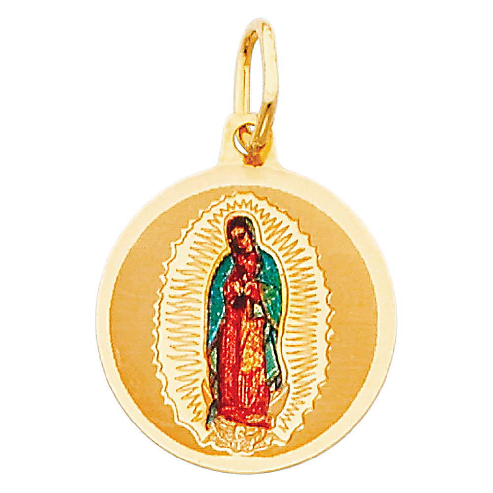 14K Yellow Gold 15mm Guadalupe Enamel Picture Religious Pendant