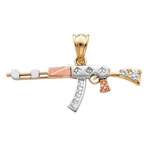 14k Tri Color Gold 47mm CZ Rifle Gun Assorted Pendant