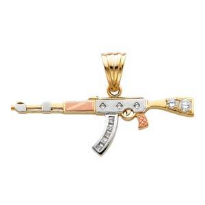 14k Tri Color Gold 65mm CZ Rifle Gun Assorted Pendant