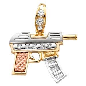 14k Tri Color Gold 34mm CZ Rifle Gun Assorted Pendant