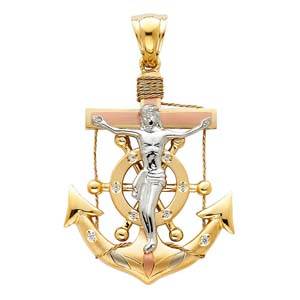 14k Tri Color Gold 32mm Religious Crucifix Anchor Assorted Pendant