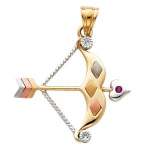 14k Tri Color Gold 29mm CZ Bow And Arrow Assorted Pendant